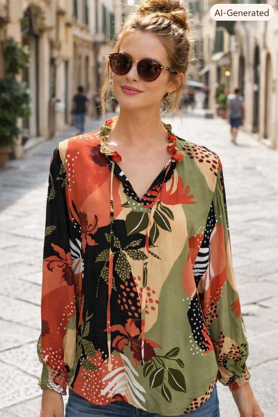 Easel Los Angeles Blouse with Ruffle Neck and Smocked Cuffs Small Boho Chic